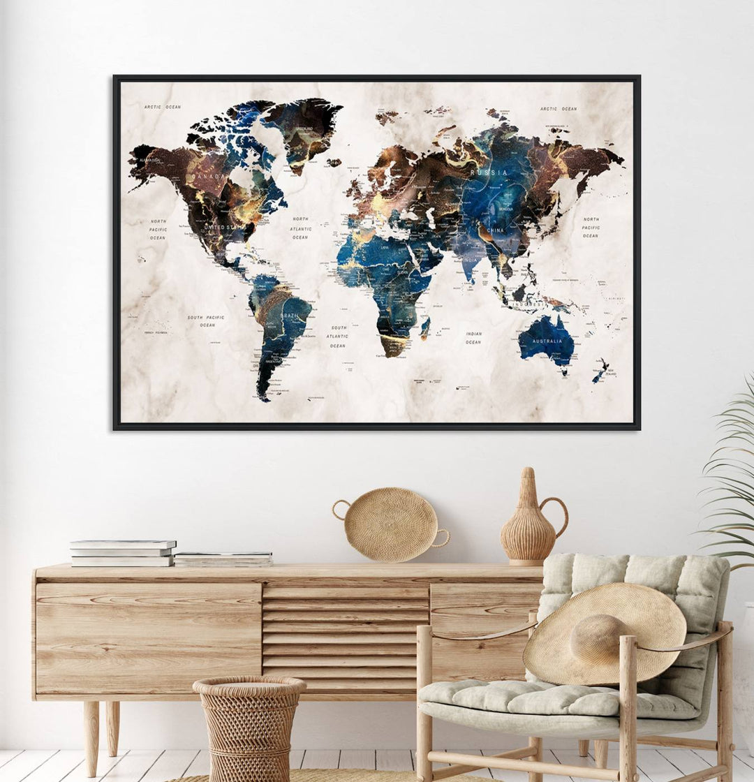 Abstract earth-toned 3-panel world map wall art featuring blues and browns, ready to hang; it showcases continents on modern canvas.