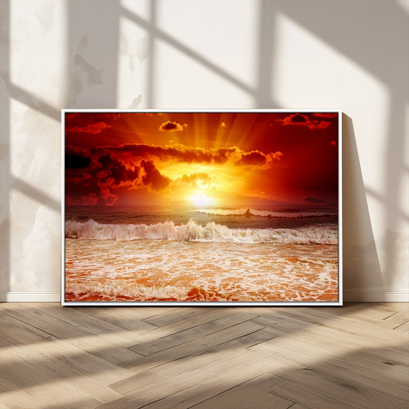 MGV-FC-36X24 - Red Sunset Ocean Beach Canvas Wall Art Beach Canvas, Coastal Sunset Print