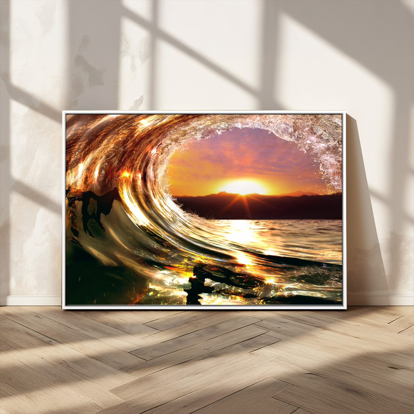 MGV-FC-36X24 - Golden Wave Sunset Triptych Canvas Art, Giclee Canvas Print of Ocean Wave and Sunset, Framed Ocean