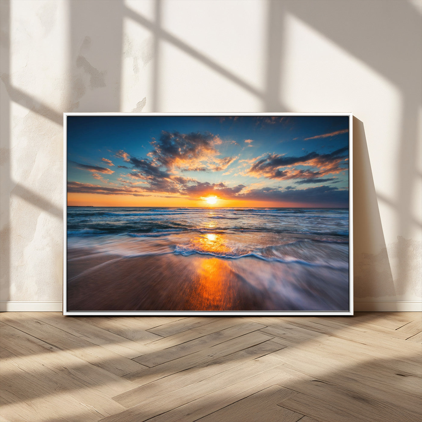 MGV-FC-36X24 - Sunset on the Ocean Beach with Waves, Reflections on Sand, Coastal Wall Art Print, Beach Wall Art,