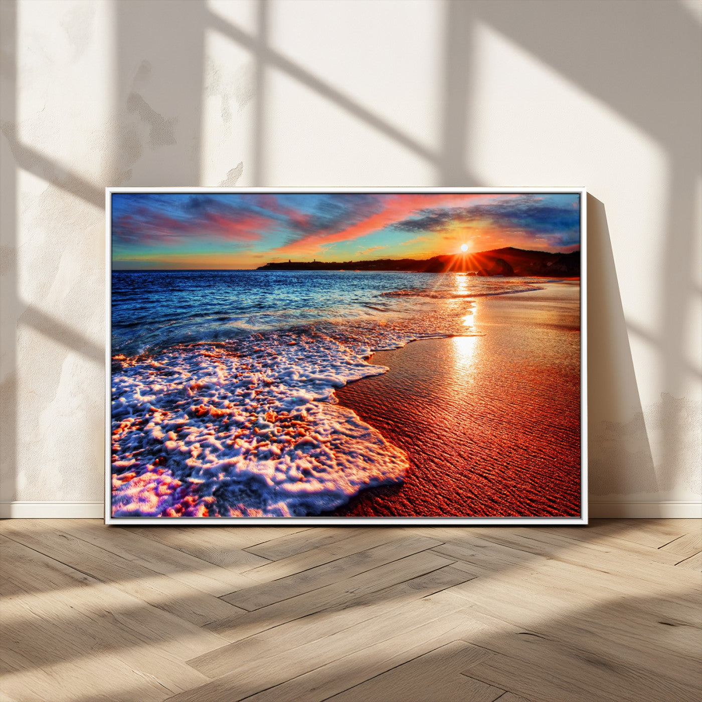 MGV-FC-36X24 - Colorful Coastal Sunset on the Beach Canvas Print, Ocean Waves Crashing at Dusk, Multi-Panel Seascape Vibrant Coastal Wall Art Canvas Print