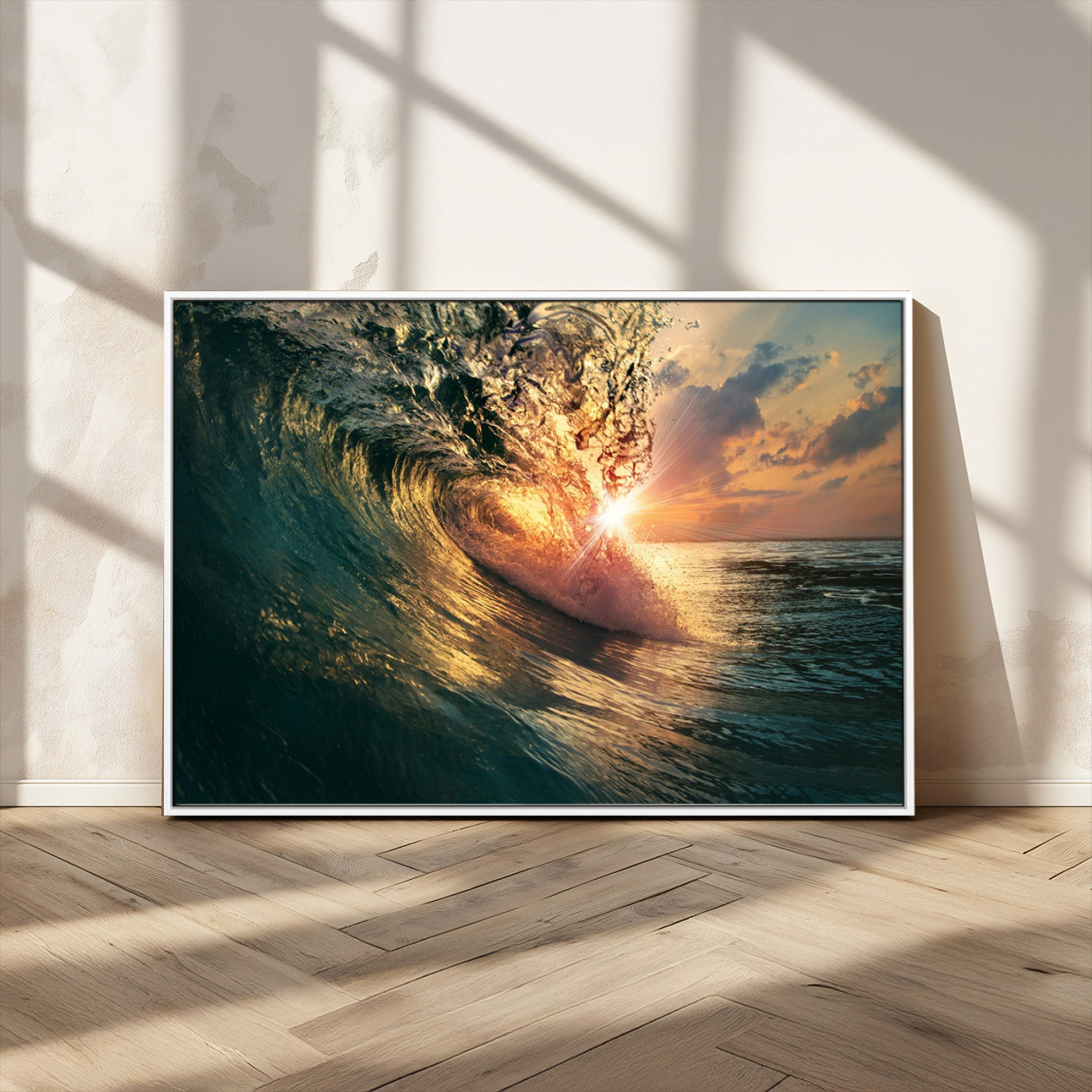 MGV-FC-36X24 - Ocean Wave Sunset Canvas Wall Art – Triptych Seascape Print – Framed and Ready to Hang for Living Room or Office