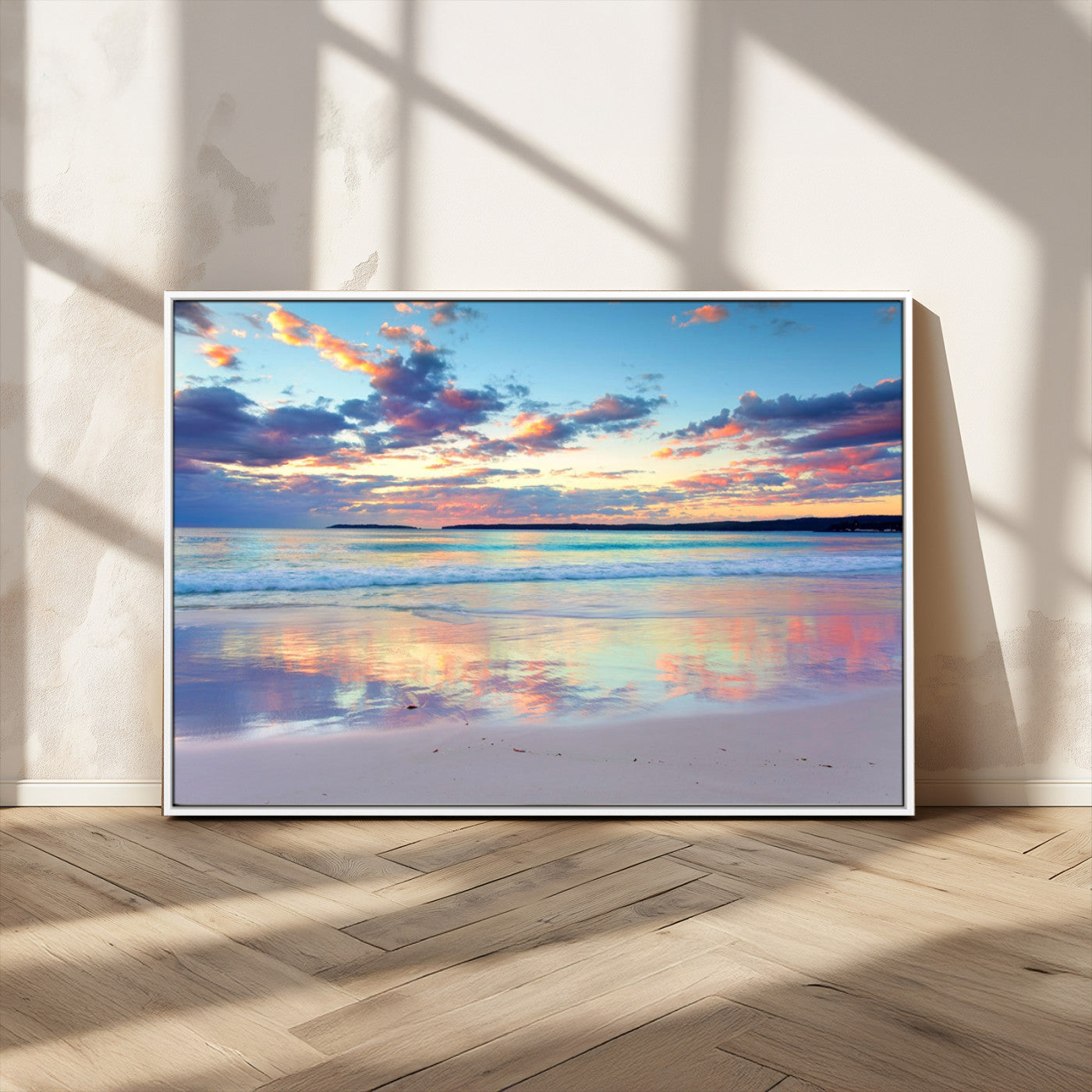 MGV-FC-36X24 - Tranquil Pastel Sunset Beach Triptych Canvas Art, Soothing Coastal Ocean Shoreline Giclee Print, Beach Reflections Wall Decor for Serene Spaces