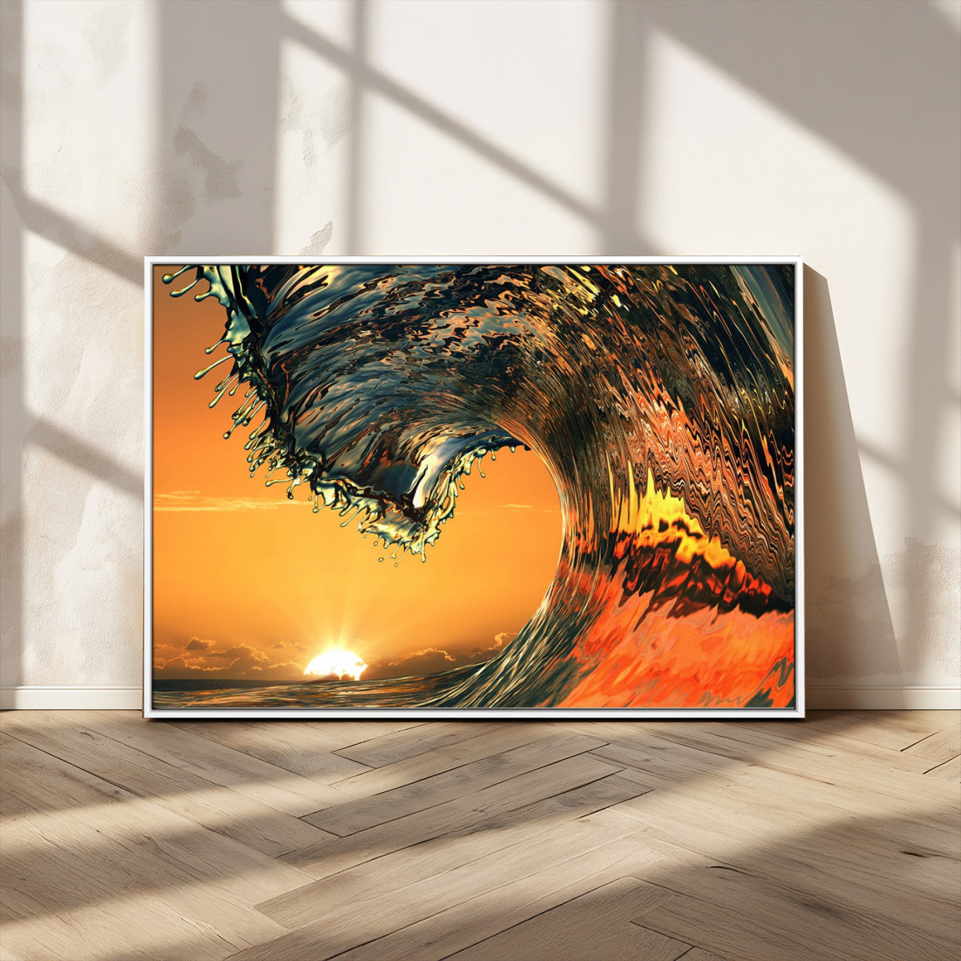 -Surf Wave Sunset Canvas Wall Art Print, 3-Panel Ocean Coastal Wall Art Print, Ocean Decor for