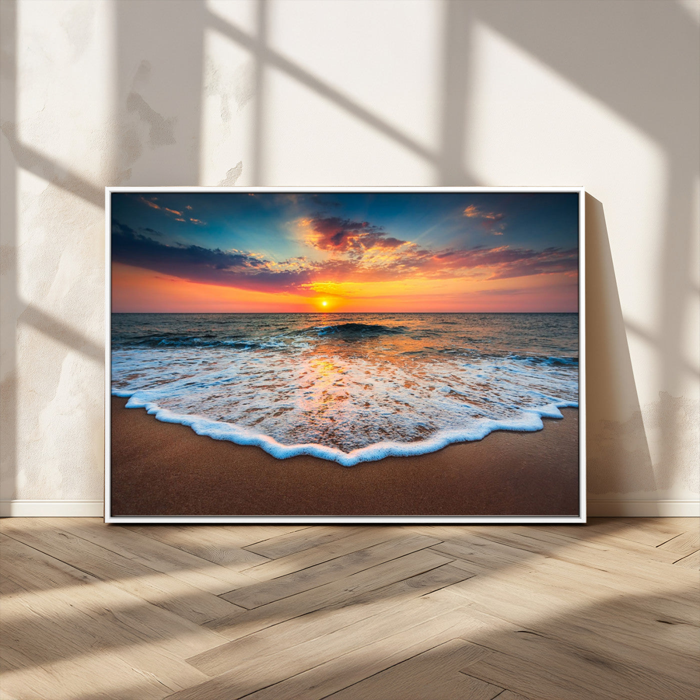 MGV-FC-36X24 - Sunset Beach Canvas Wall Art – Colorful Ocean Waves Triptych – Coastal Decor for Living Room or Bedroom – Framed and Ready to Hang