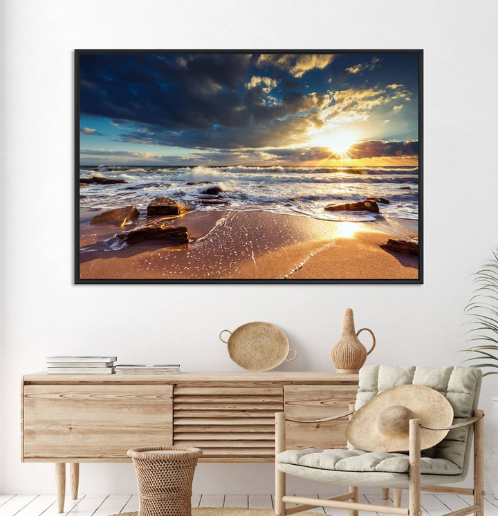 The Golden Hour Beach Sunset triptych adorns the wall with its captivating imagery.