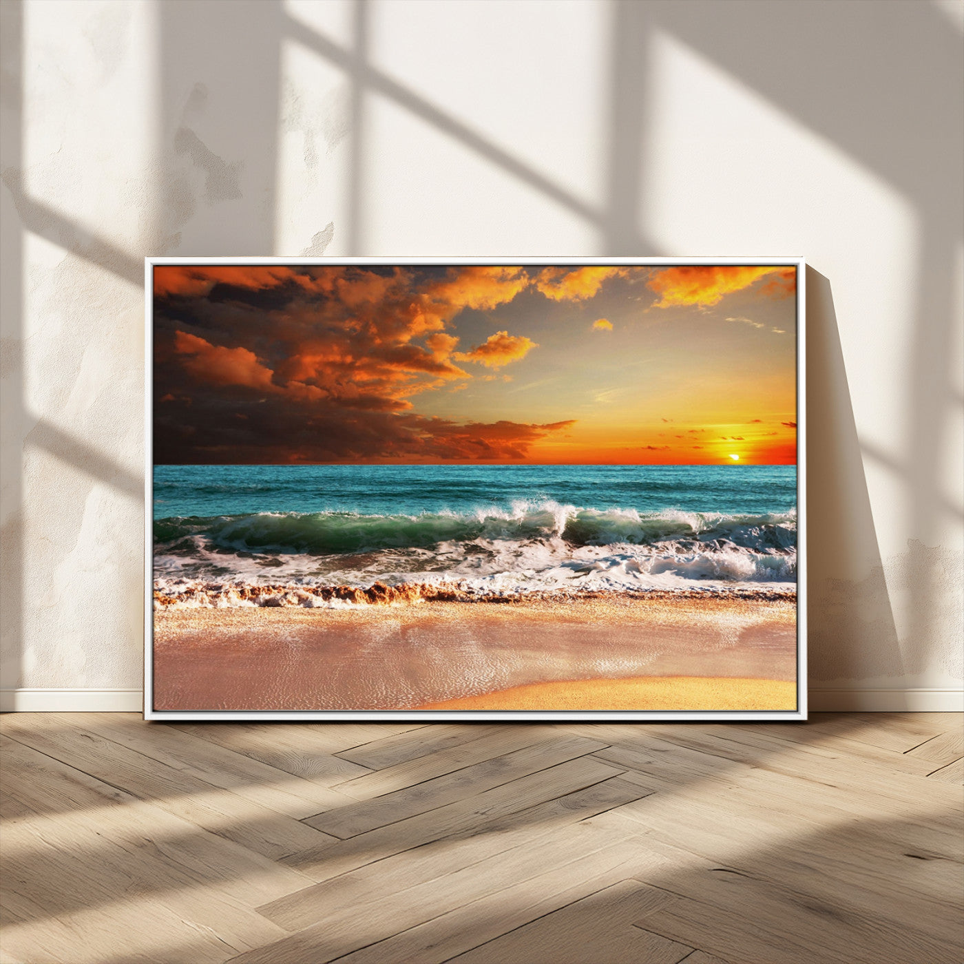 MGV-FC-36X24 - Golden Sunset Beach Canvas Wall Art – Triptych Seascape Print – Framed and Ready to Hang for Living Room or Office