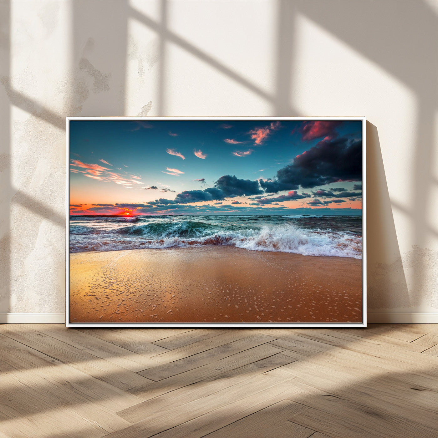 MGV-FC-36X24 - Sunset Ocean Beach Wall Art – Giclee Canvas Print, Coastal Seascape, Ready to Hang, Beach Decor, Large 3-Panel Set for Living Room