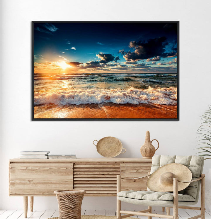 Golden Hour Sunset Over Ocean Waves Canvas: 3-Panel Coastal Landscape Art with Stunning Beach Photography Print.