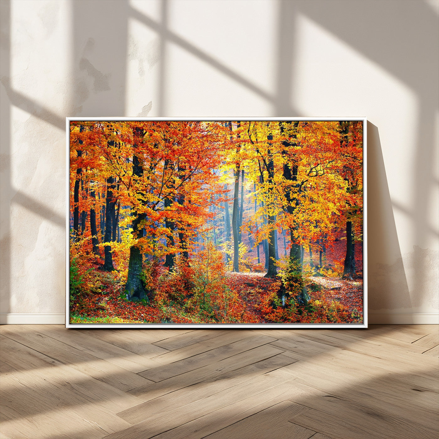 MGV-FC-36X24 - Autumn Red Forest Triptych Canvas Wall Art Print, Forest Wall Decor, Fall Landscape Art | Season Nature Landscape for Home or Office