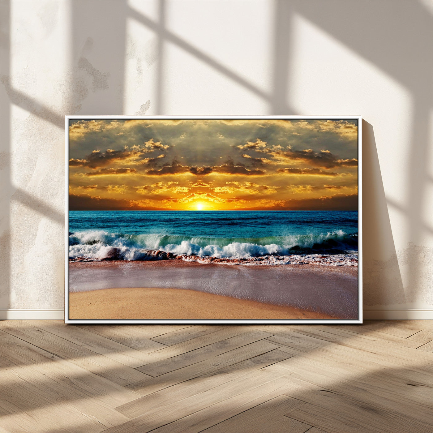 MGV-FC-36X24 - Ocean Sunrise Over Golden Beach Waves, Giclee Canvas Wall Art Set, High-Quality Stretched Canvas Print, Ready to Hang Coastal Sunset Wall Decor
