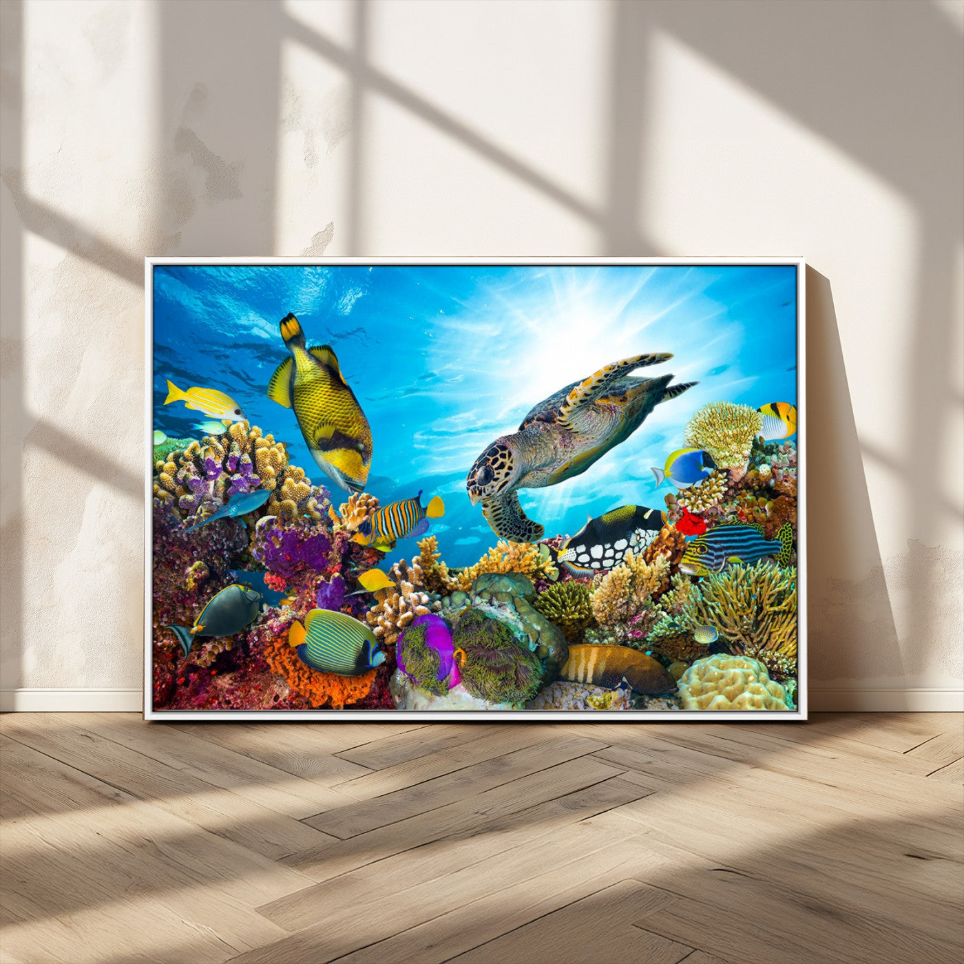 MGV-FC-36X24 - Sea Turtle Coral Reef Wall Art Print – Colorful Underwater Canvas Print – Tropical Ocean Marine Life Artwork – Perfect for Coastal Home Decor