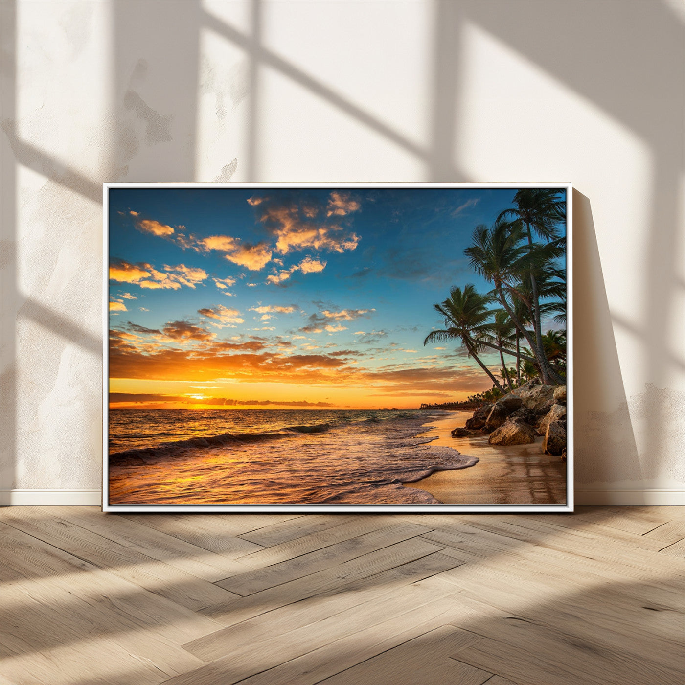 MGV-FC-36X24 - Tropical Beach Sunset Wall Art Print – Palm Tree Coastal Canvas Print – Ocean Seascape Artwork – Perfect for Tropical Modern Home Decor