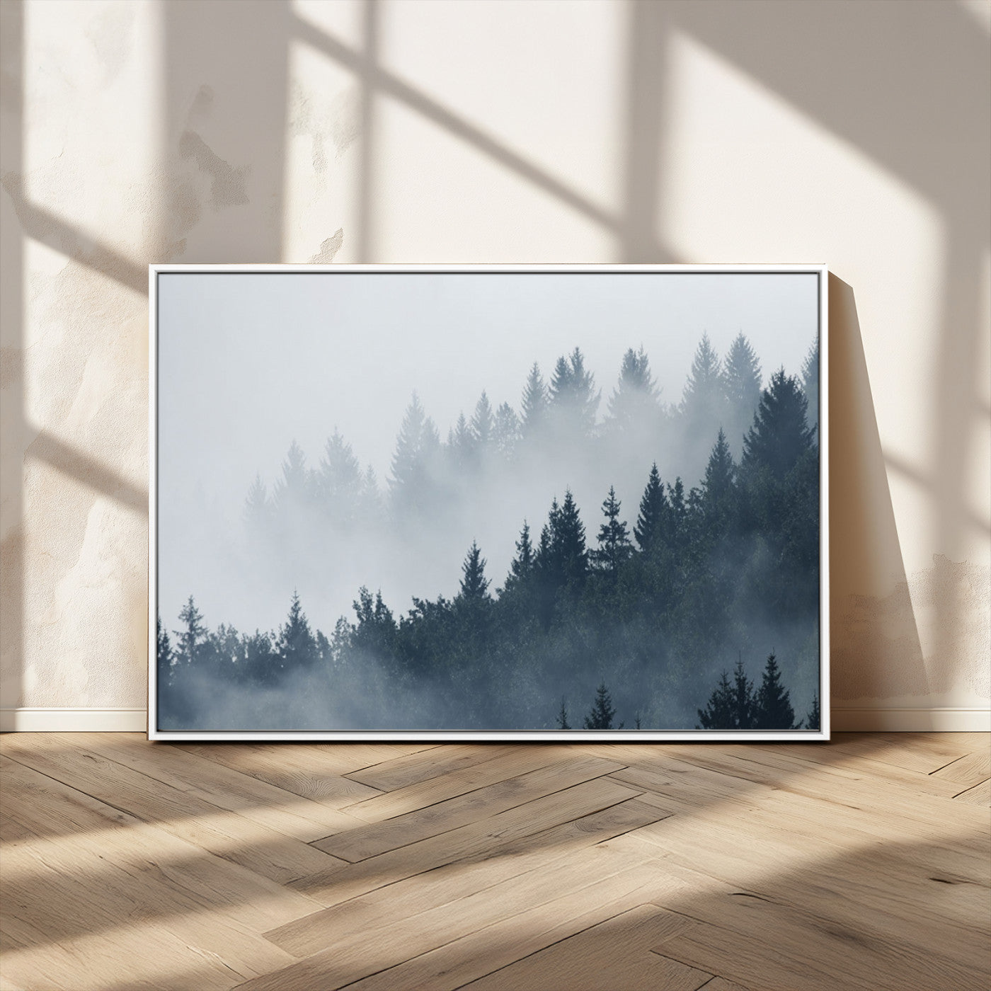 MGV-FC-36X24 - Misty Forest Wall Art Print – Foggy Pine Tree Canvas Print – Dark Woodland Nature Artwork – Perfect for Minimalist and Modern Home Decor