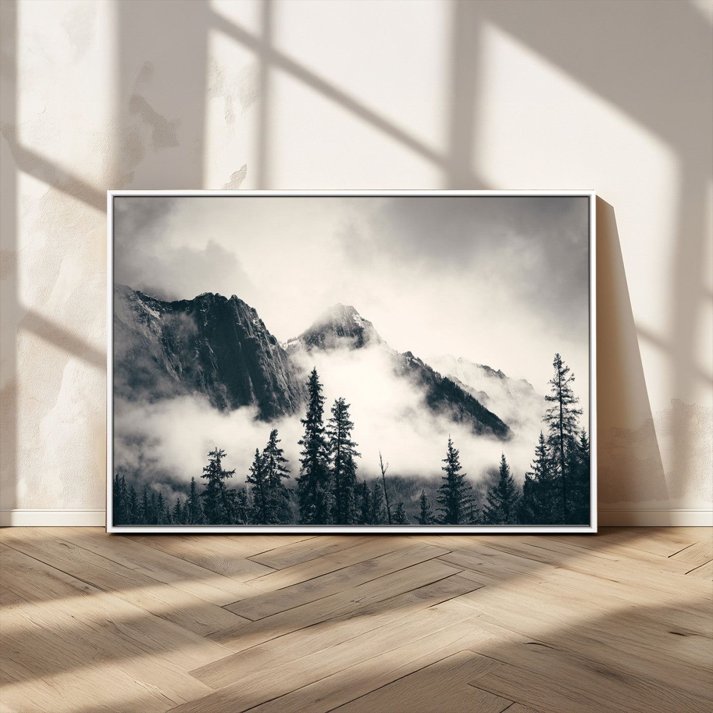 MGV-FC-36X24 - Forest Mountain Print - Black and White Canvas Wall Art with Misty Forest Design for Elegant and