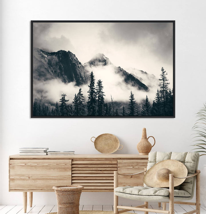 Forest Mountain Print - Black and White Canvas.