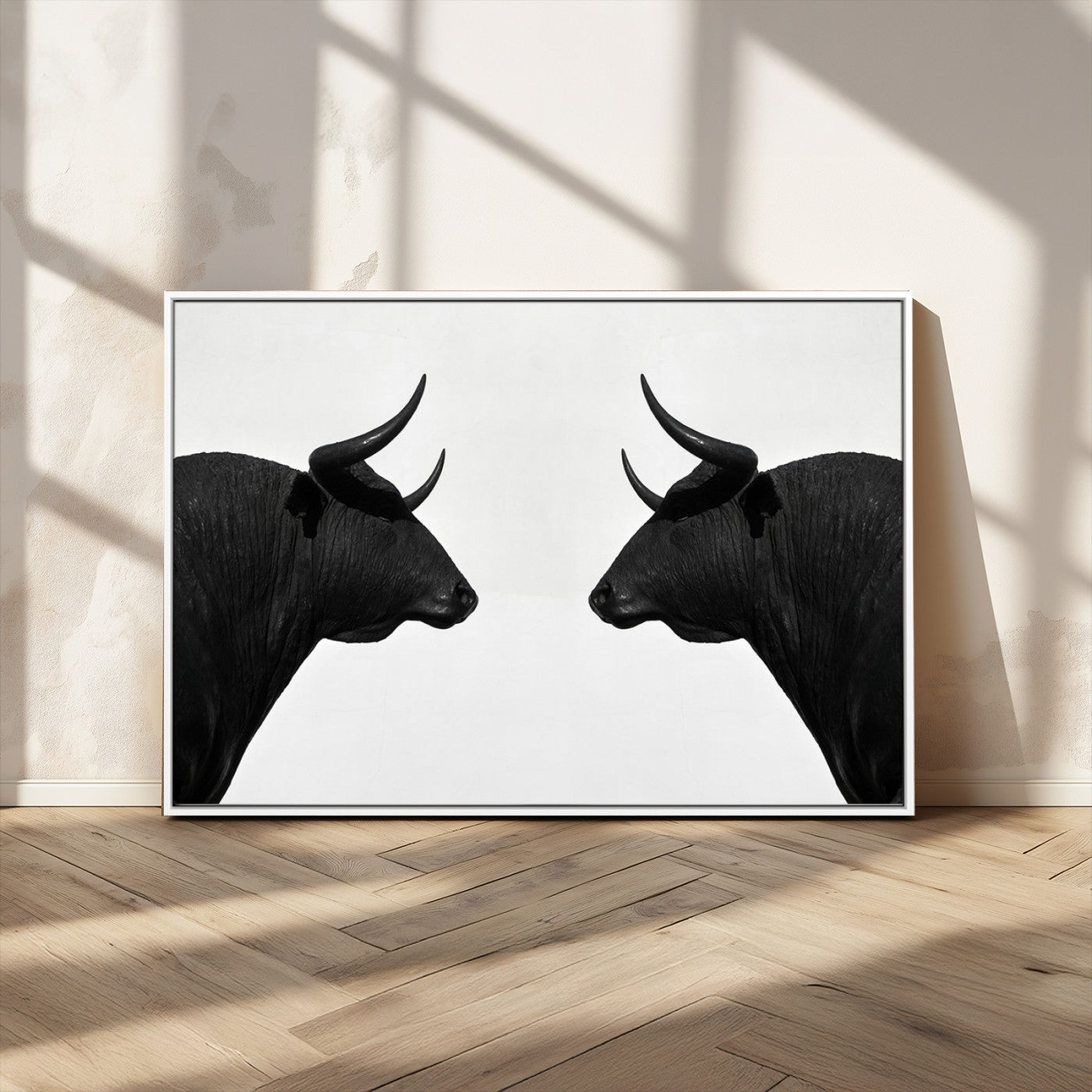 -Spanish Bull Art - Framed Black and White Bull Canvas Print for Modern Rustic Home or Office Decor