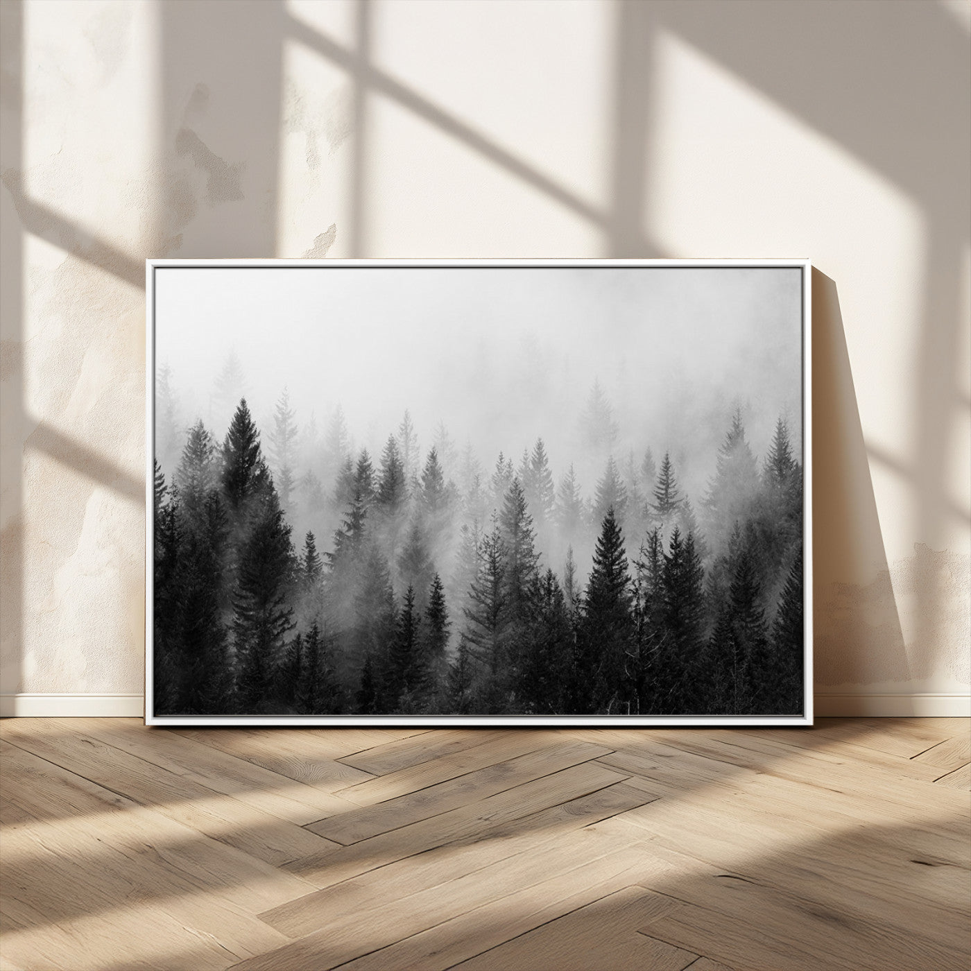 MGV-FC-36X24 - Foggy Black and White Forest Wall Art, 3 Panel Misty Pine Trees Canvas Print for Living Room, Office, or Bedroom, Nature-Inspired Woodland Wall Decor