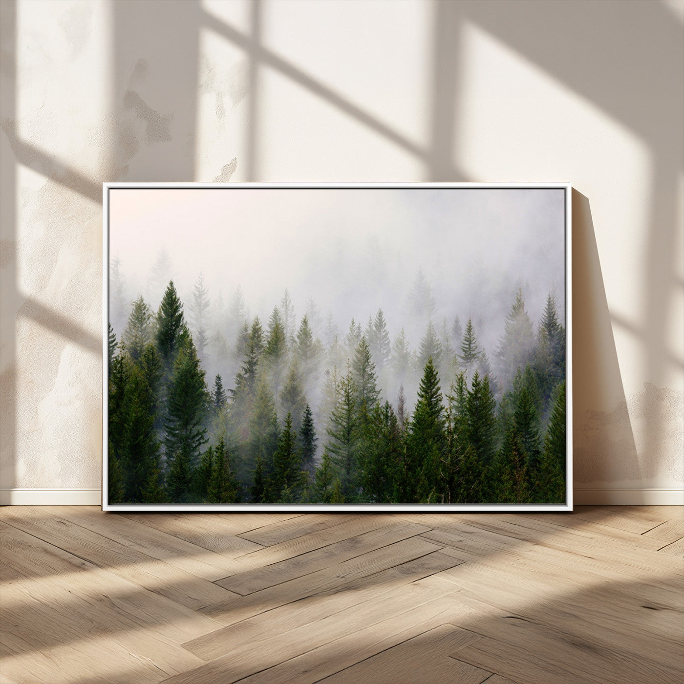 MGV-FC-36X24 - Misty Pine Forest Wall Art Canvas Print | 3 Panel Green Woodland Canvas Print for Living Room, Office, or Dining Room | Nature Foggy Forest Decor