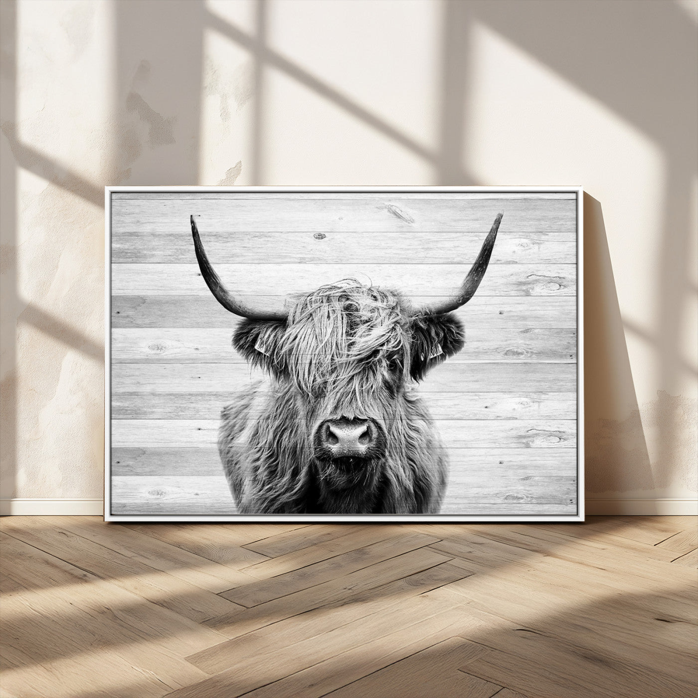 MGV-FC-36X24 - Scottish Highland Cow Cattle Art Print on Wood Background Style