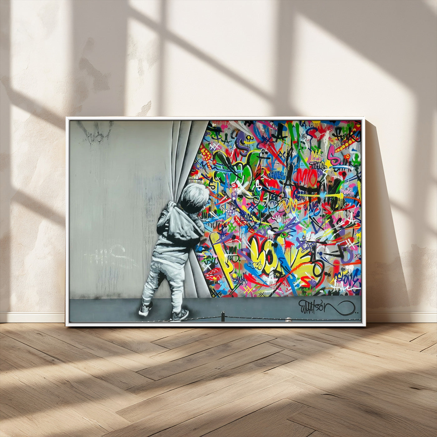 MGV-FC-36X24 - Banksy Colorful Street Graffiti Canvas Wall Art Print, Modern Art Triptych, Child and Graffiti Wall, Urban Art for Home or Office Decor