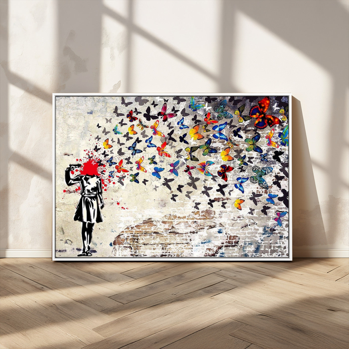MGV-FC-36X24 - Banksy Art Butterfly Girl Explosion Canvas Art – Vibrant Urban Graffiti for Modern Interiors - Ready to Hang