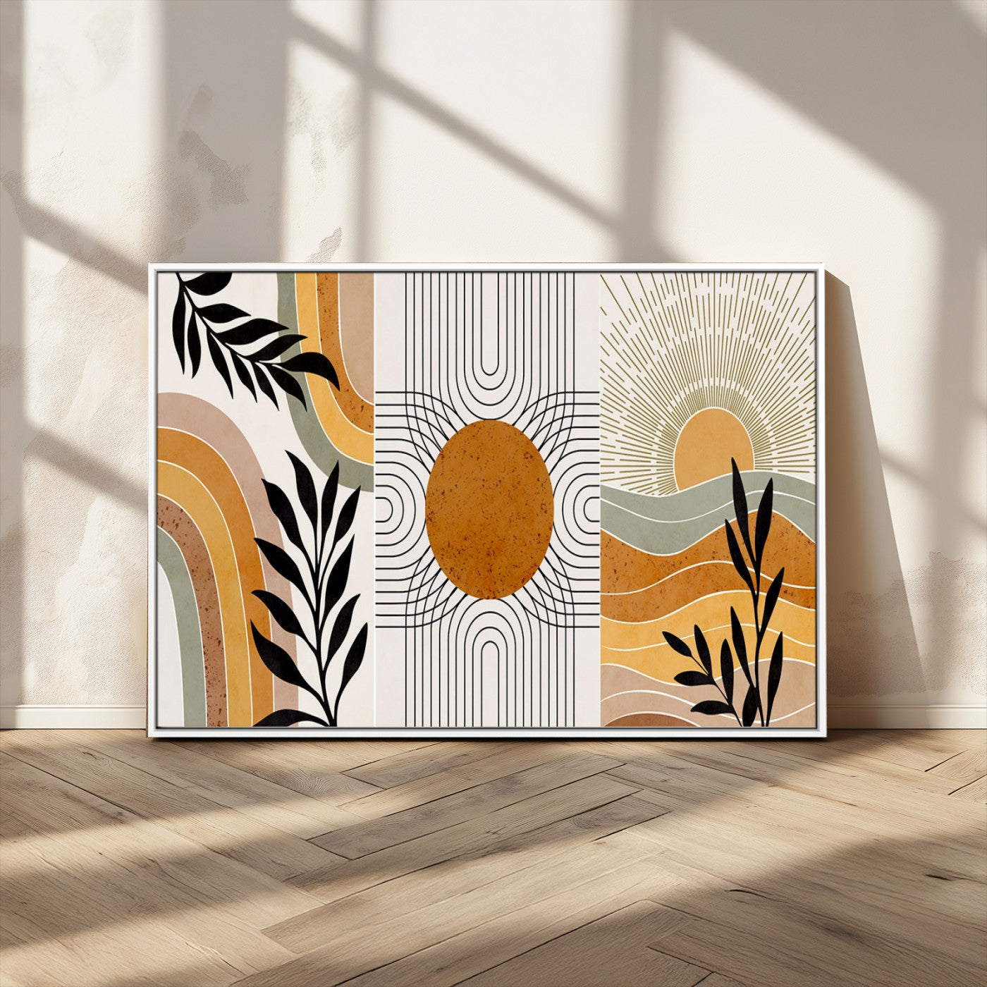 MGV-FC-36X24 - Modern Boho Sun and Leaf Abstract Art – 3-Panel Giclée Canvas for Mid-Century Modern or Bohemian