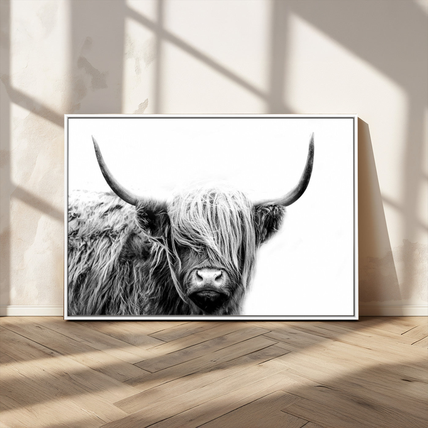 MGV-FC-36X24 - Black White Scottish Highland Cow Cattle Art Print Farmhouse Wall Art Canvas Print