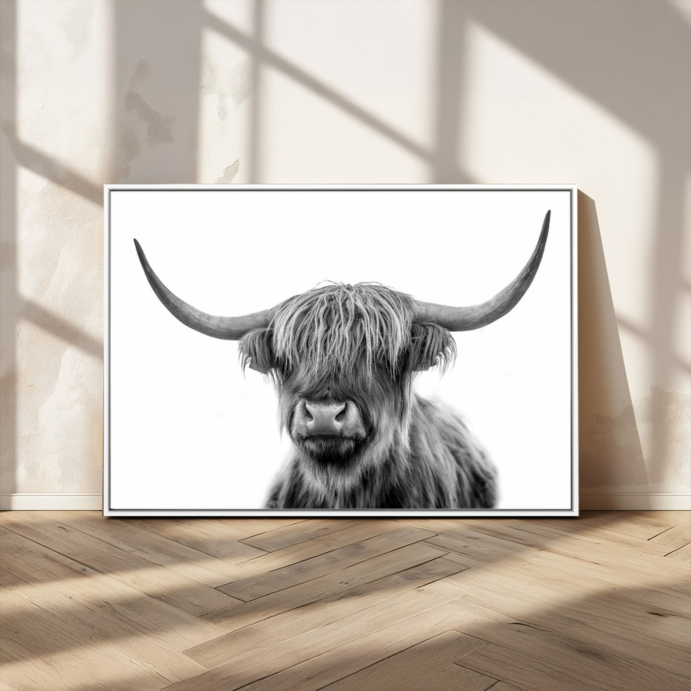 MGV-FC-36X24 - Grayscale Scottish Highland Cow Cattle Art Print Farmhouse Wall Art Canvas Print