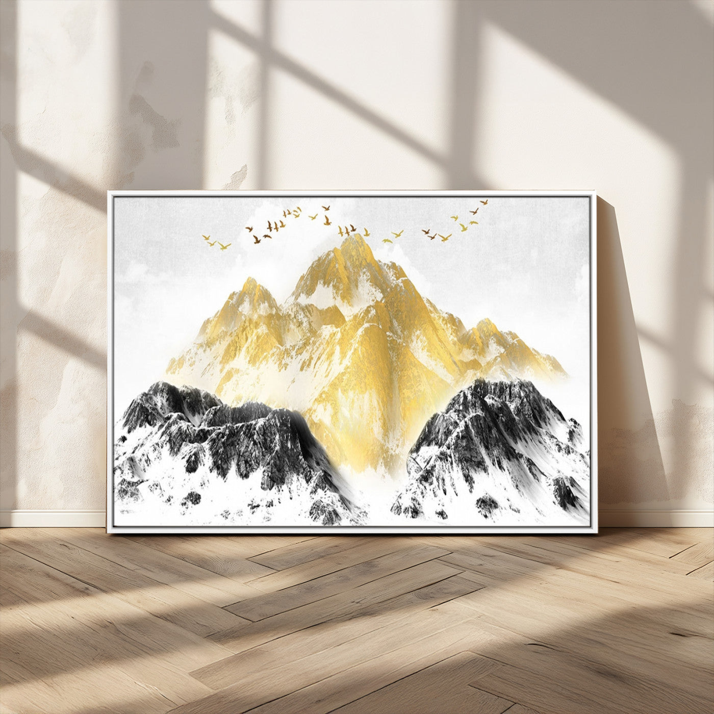 MGV-FC-36X24 - Golden Mountain Triptych Wall Art, Modern Giclee Canvas Print, Nature Landscape Decor for Living Room, Contemporary Gold and Black Wall Art
