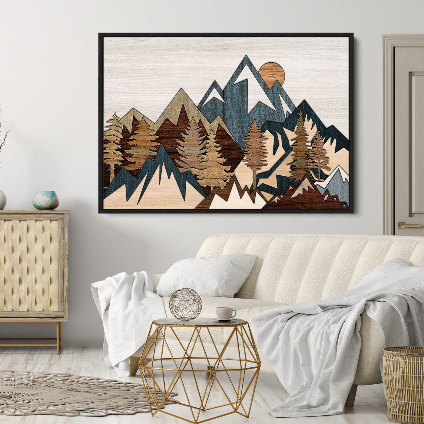67950-MGV-CV-36X24-Rustic Abstract Wood Panel Effect Canvas Mountain Range Top Wood Wall Art Canvas Print