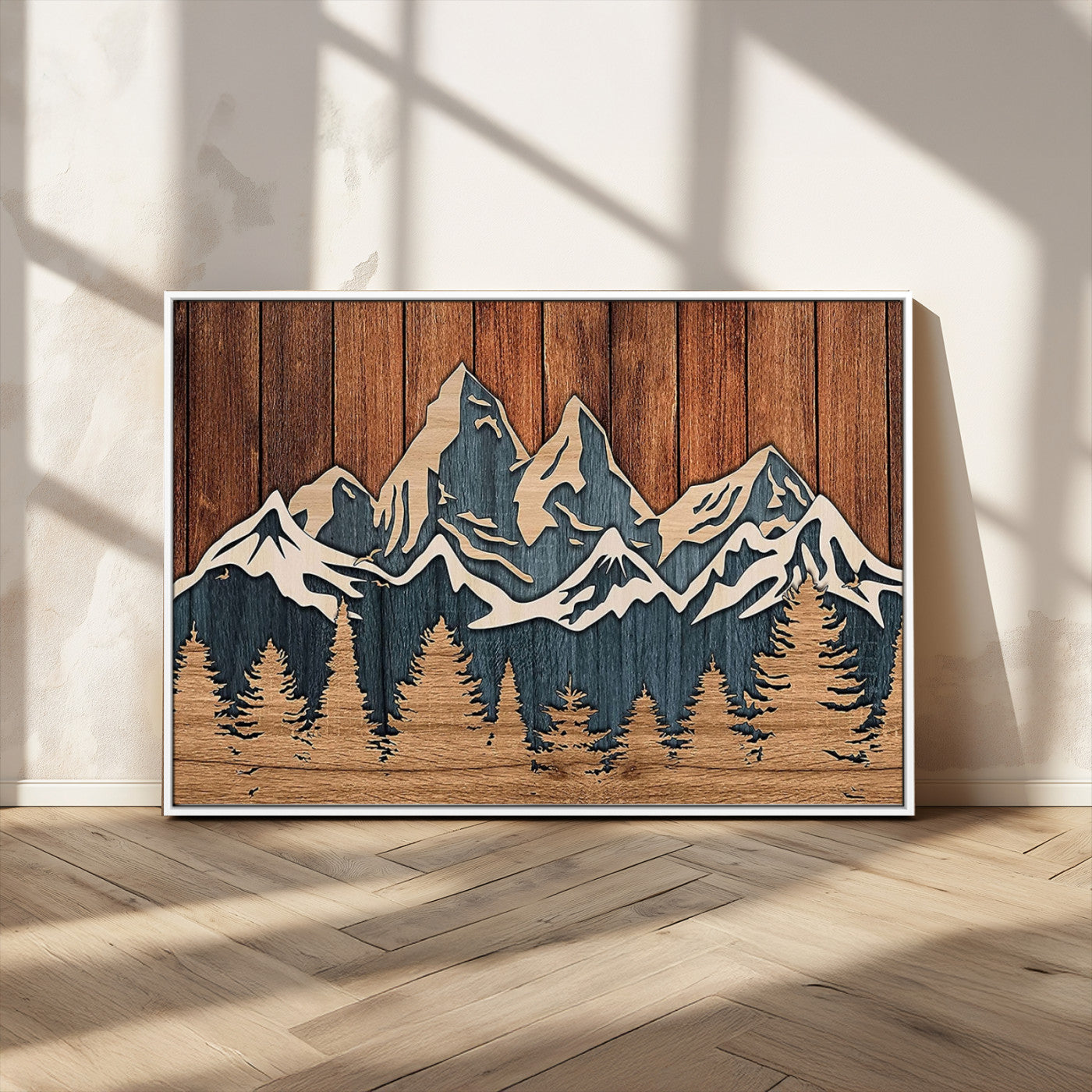 MGV-FC-36X24 - Rustic Wood Style Mountain Wall Art, Nature Forest Canvas Print, Wooden Textured Mountain Artwork, Handcrafted Landscape Decor for Farmhouse Decor