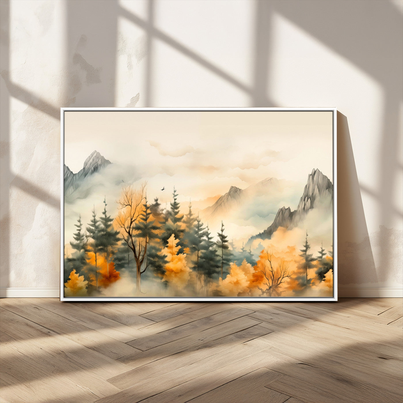 MGV-FC-36X24 - Abstract Watercolor Mountains and Trees Autumn Art, Watercolor Mountains and Trees Canvas Print