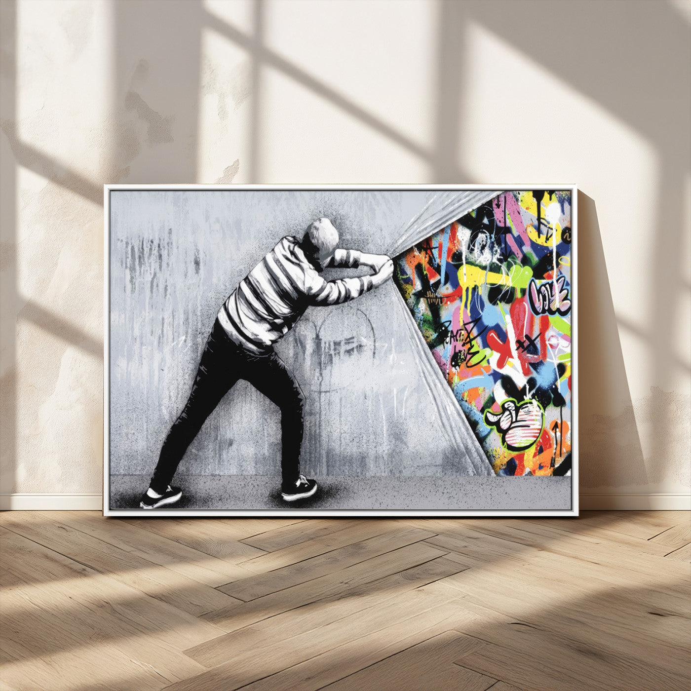 MGV-FC-36X24 - Banksy Art Behind the Curtain Street Wall Art Canvas Print | 3-Panel Urban Graffiti-Inspired Wall Art for Living Room or Office