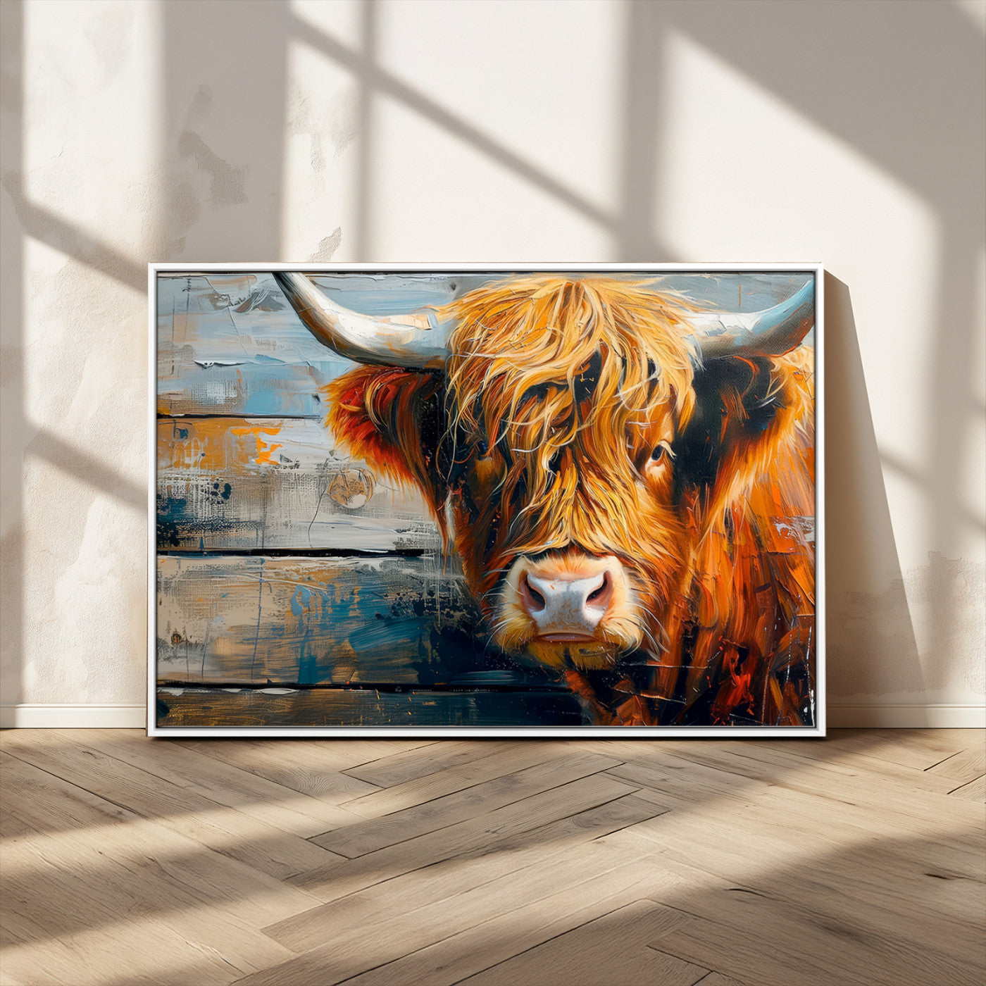 -Highland Cow Abstract Canvas Wall Art – Bold Farmhouse Rustic Decor – Ready to Hang