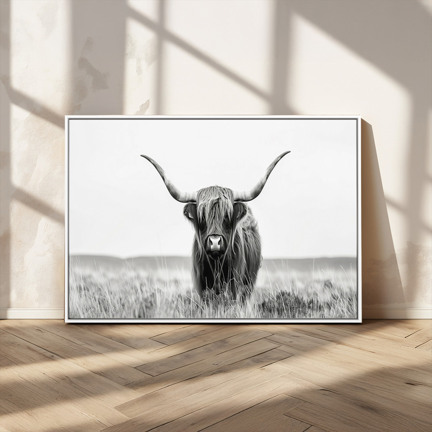 MGV-FC-36X24 - Highland Cow Canvas Wall Art – Majestic Beauty in Black and White – Ready to Hang