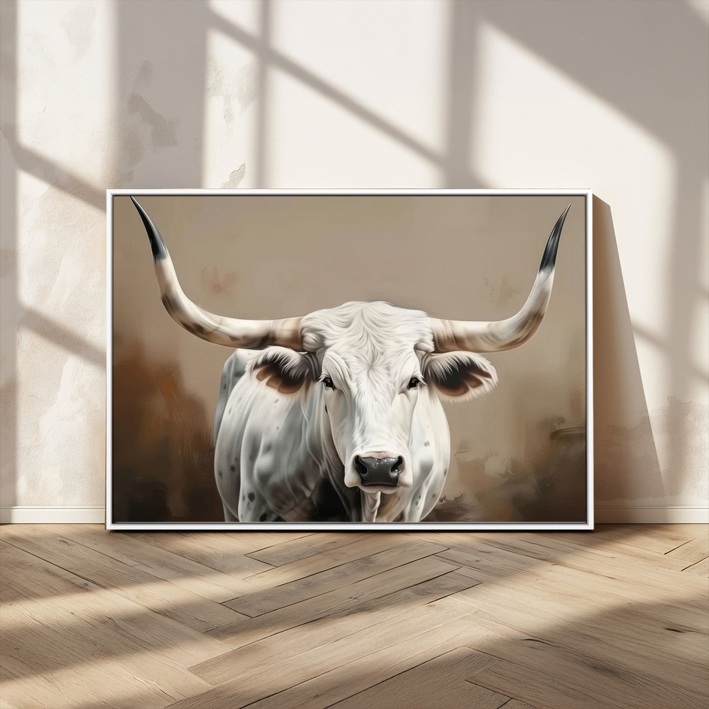 -White Longhorn Bull Wall Art Canvas Print – Framed and Ready to Hang – Perfect for Farmhouse and