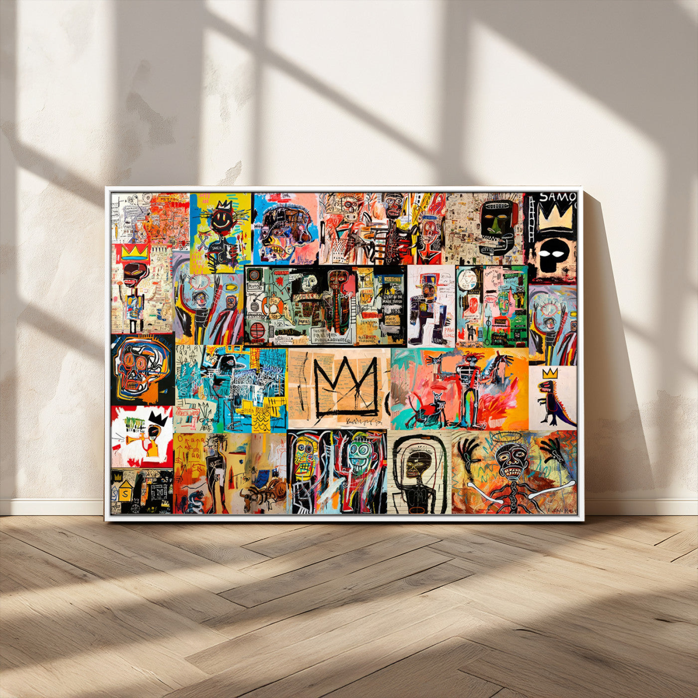 MGV-FC-36X24 - Basquiat Art Collage Wall Art Canvas Print – Framed, Ready to Hang, Urban Graffiti Style