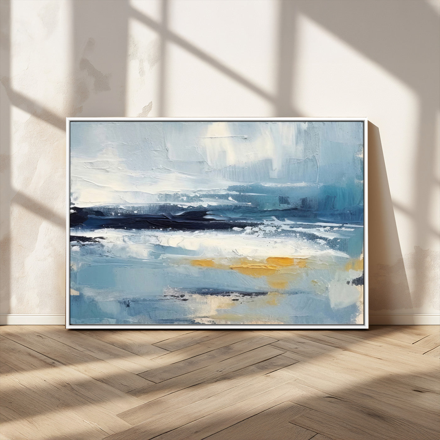 MGV-FC-36X24 - Abstract Ocean Canvas Wall Art - Coastal Blue and Gold Textured Painting, Modern Seascape Decor for Living Room Decor