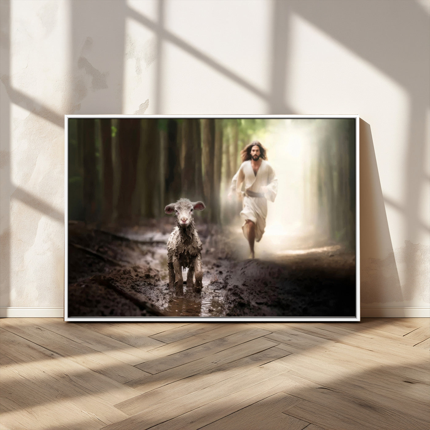 MGV-FC-36X24 - Jesus Canvas Wall Art - Jesus Running After Lost Lamb, Jesus, Christian Home Decor - Church Wall Art