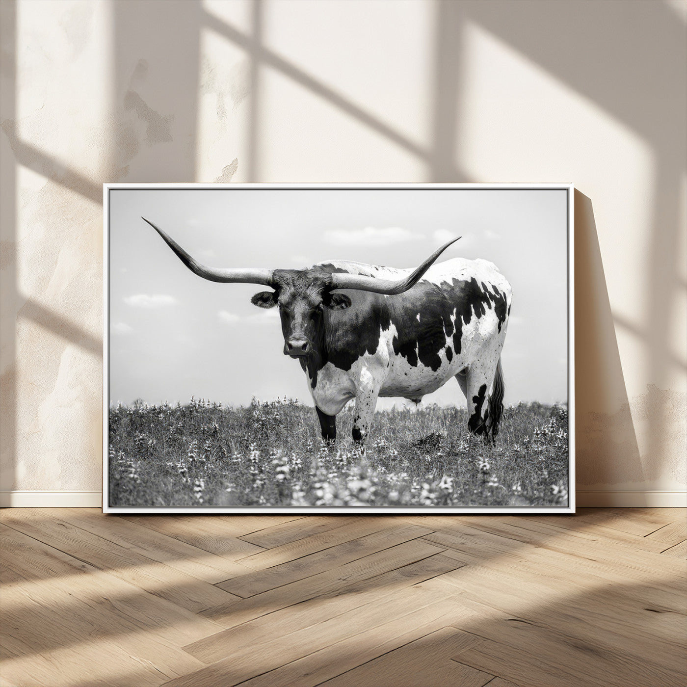 -Texas Black White Highland Longhorn Cow Wall Art Canvas Print