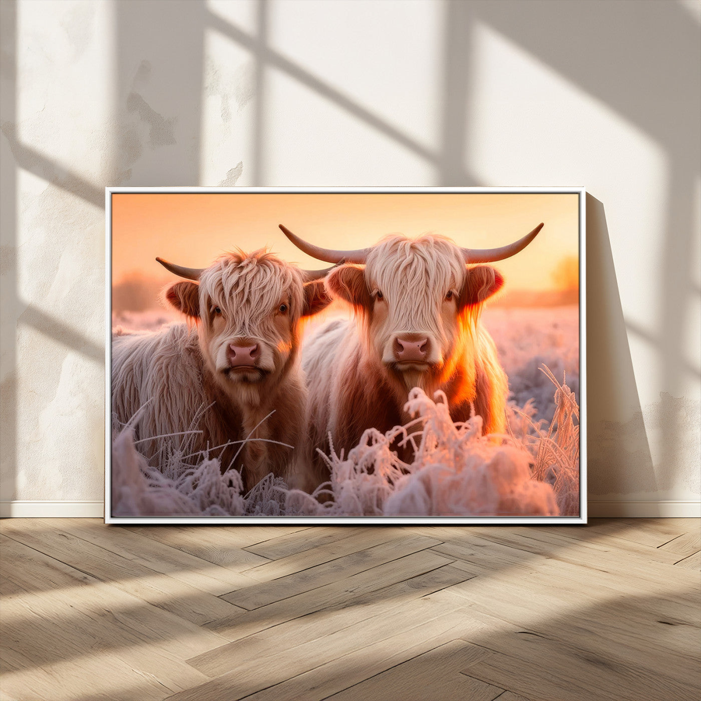 -Highland Cows at Sunrise Wall Art Canvas Set – Serene and Rustic Farmhouse Decor