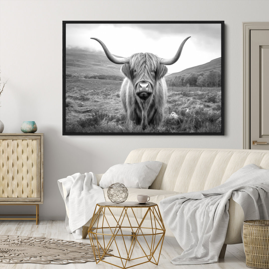 Black White Scottish Highland Cow Canvas Farm Wall Art Canvas Print