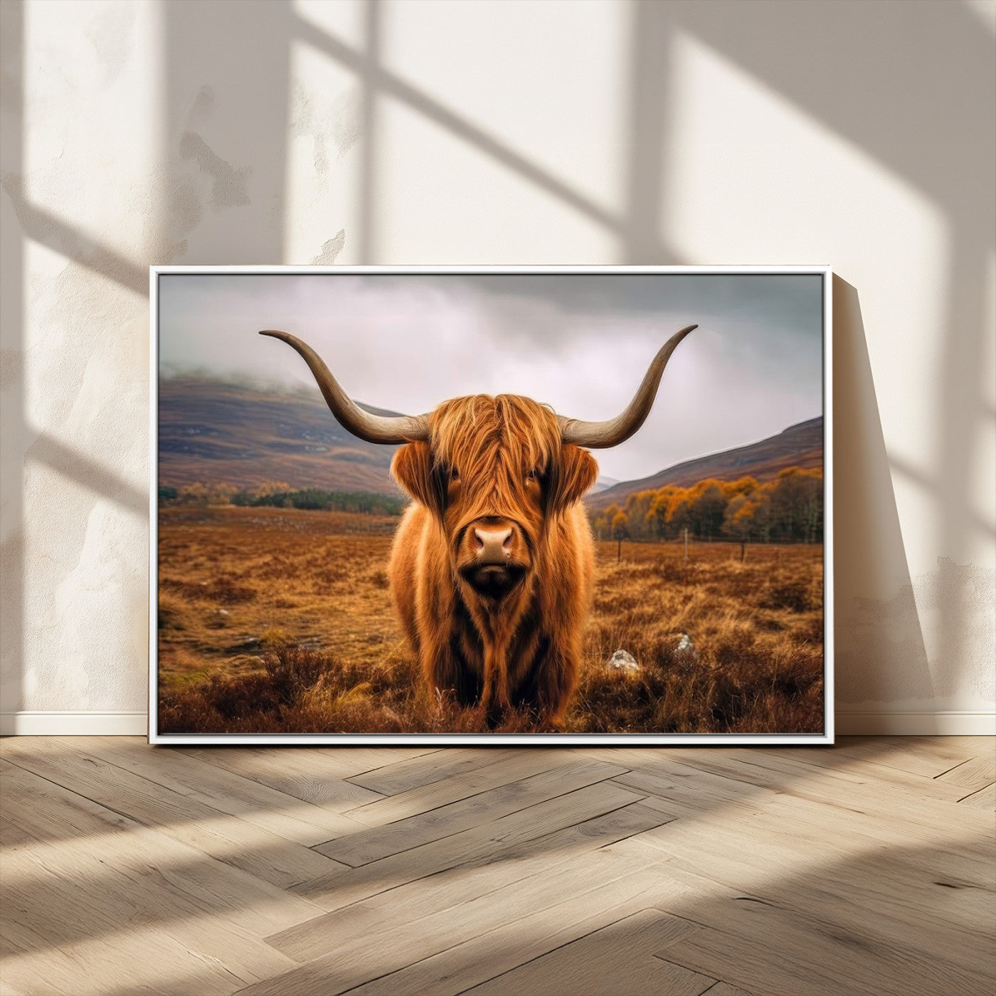 -Highland Cow Longhorn Wall Art – Rustic Canvas Print, Framed and Ready to Hang for Farmhouse Décor