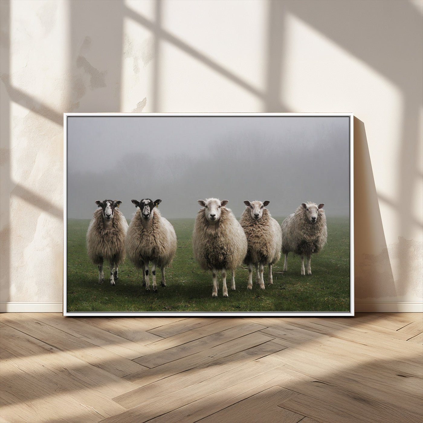 -Flock of Sheep in a Mystical Fog – Pastoral Wall Art Canvas Print, Framed, Ready to Hang