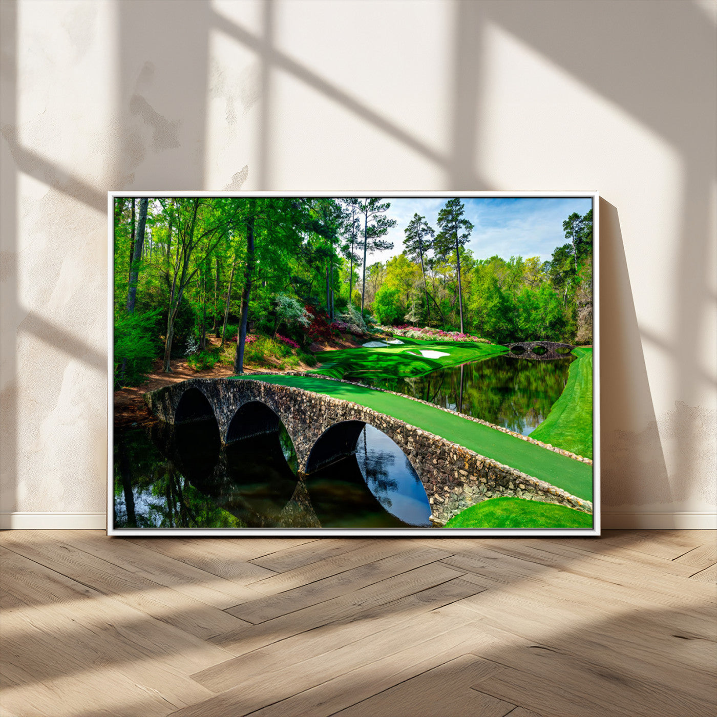 MGV-FC-36X24 - Augusta National Golf Club Wall Art - Panoramic Bridge & Lush Greenery – Premium Framed, Ready-to-Hang Triptych Canvas