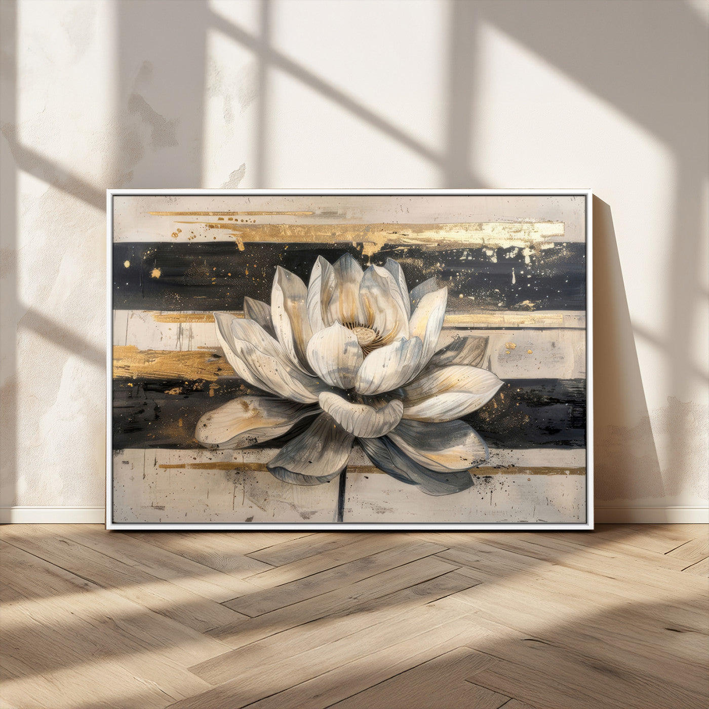 MGV-FC-36X24 - Lotus Flower Wall Art Canvas Print, Framed Abstract Lotus Art Picture Print, White Lotus Flower Perfect Abstract Floral Decor Artwork