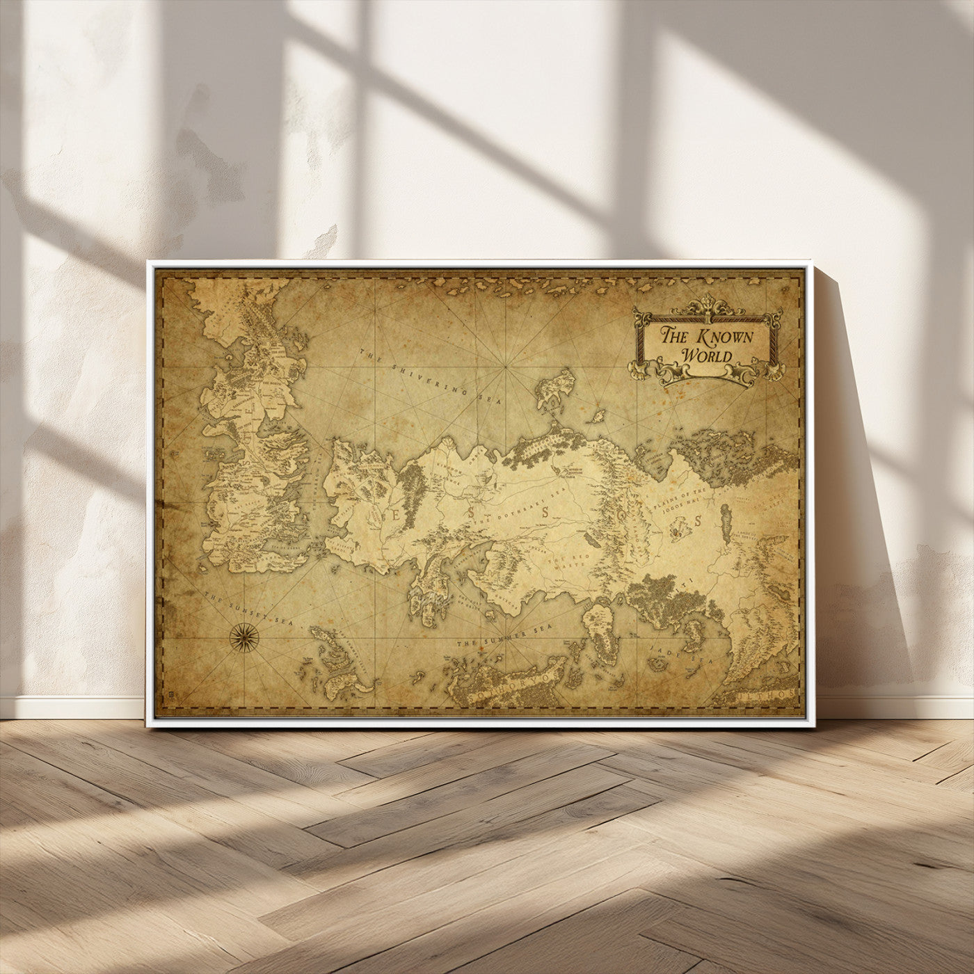 MGV-FC-36X24 - Vintage Game of Thrones Map Wall Art | Westeros and Essos Antique Style Print | The Known World in Triptych Canvas | Giclee Canvas for Fantasy Lovers