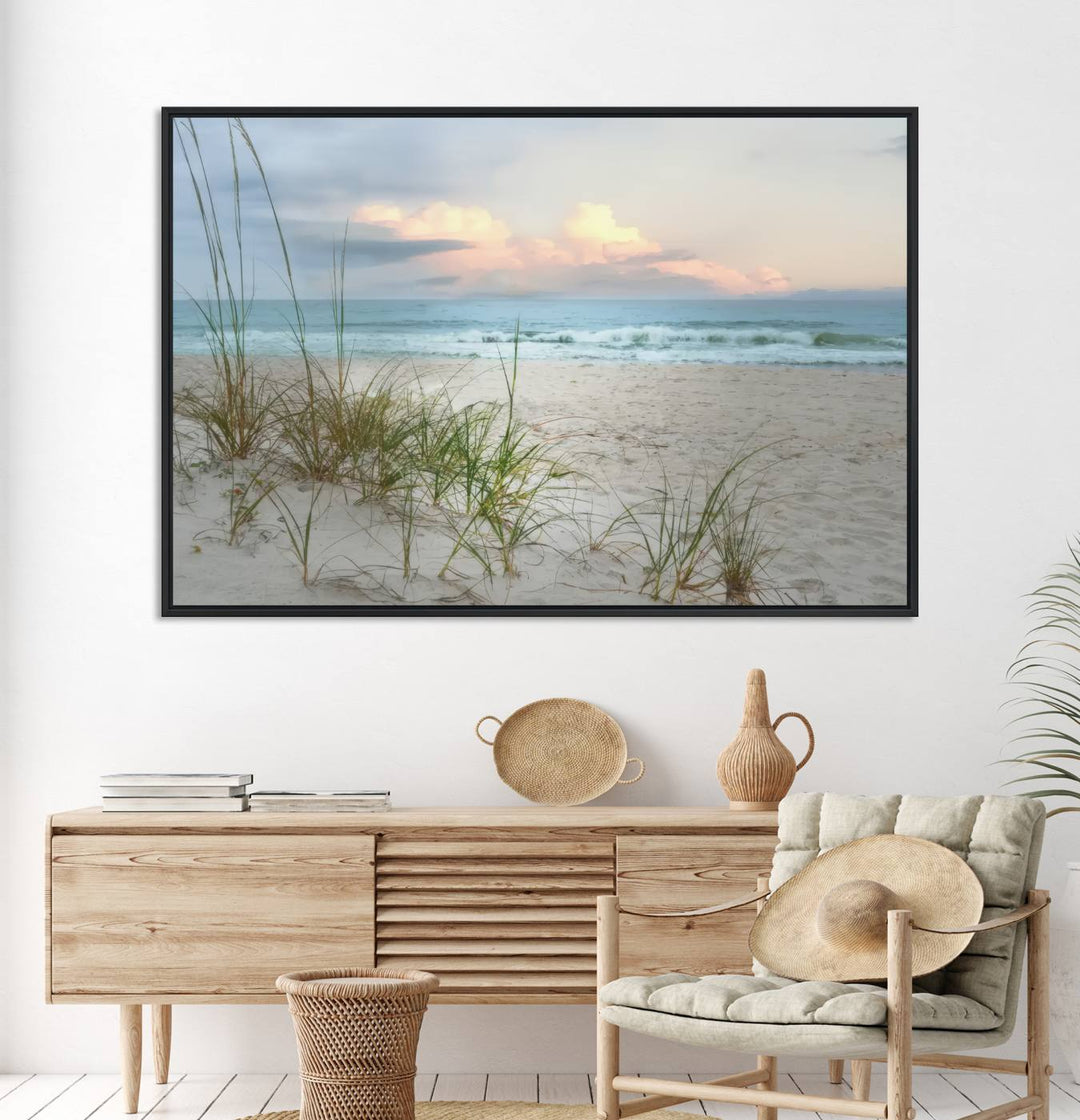 Flight Over Coastal Beach print on UV canvas displayed against white walls.