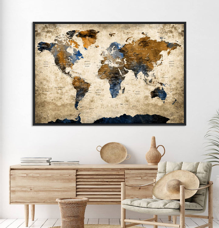 Vintage World Map Canvas Wall Art – Textured Triptych Map Print – Global Decor for Living Room or Office – Ready to Hang